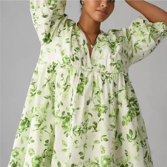 Anthropologie Maeve V-Neck Floral Puff Sleeve Mini Tunic Dress NWOT - Picture 3 of 12